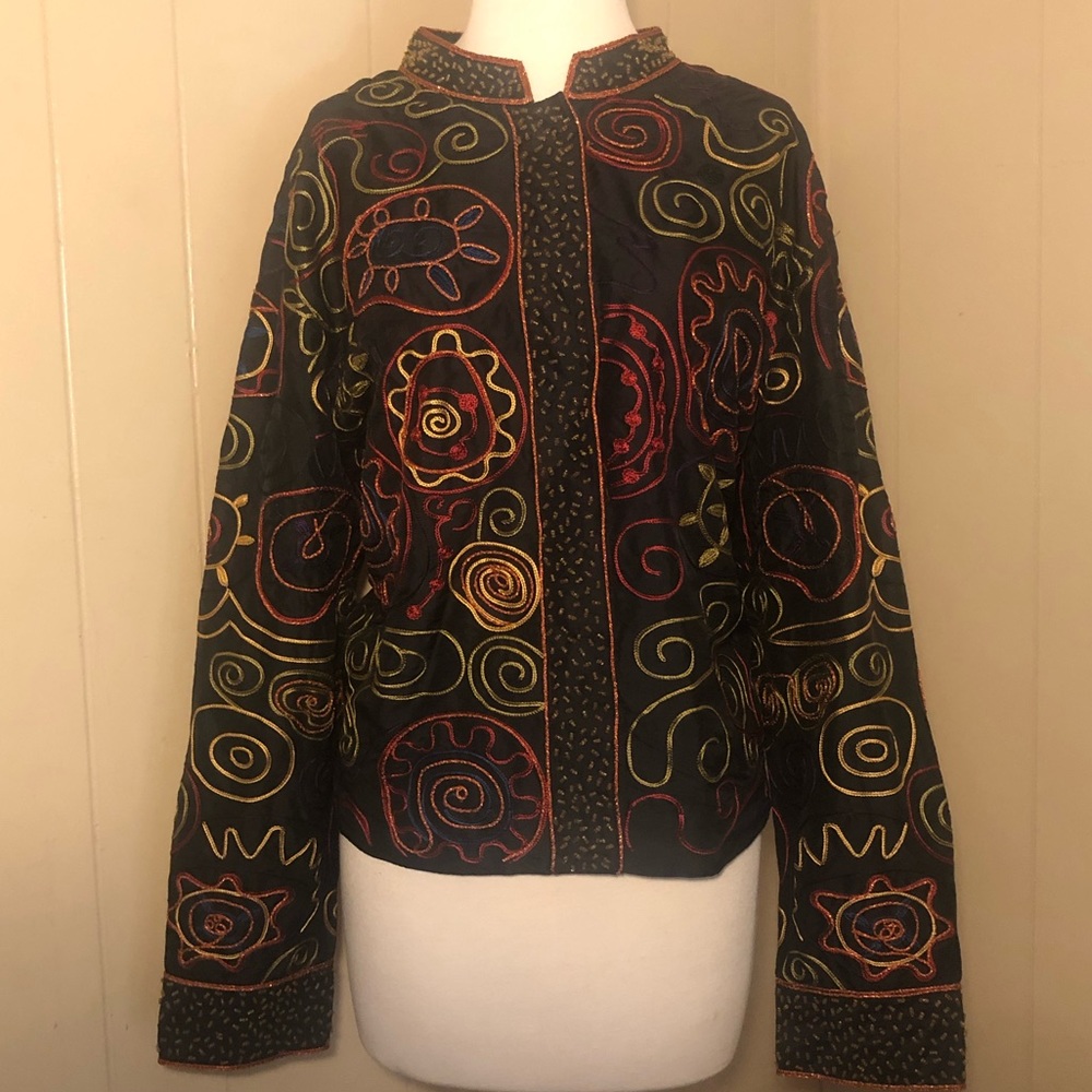 Chico’s embroidered beaded %100 silk jacket lined